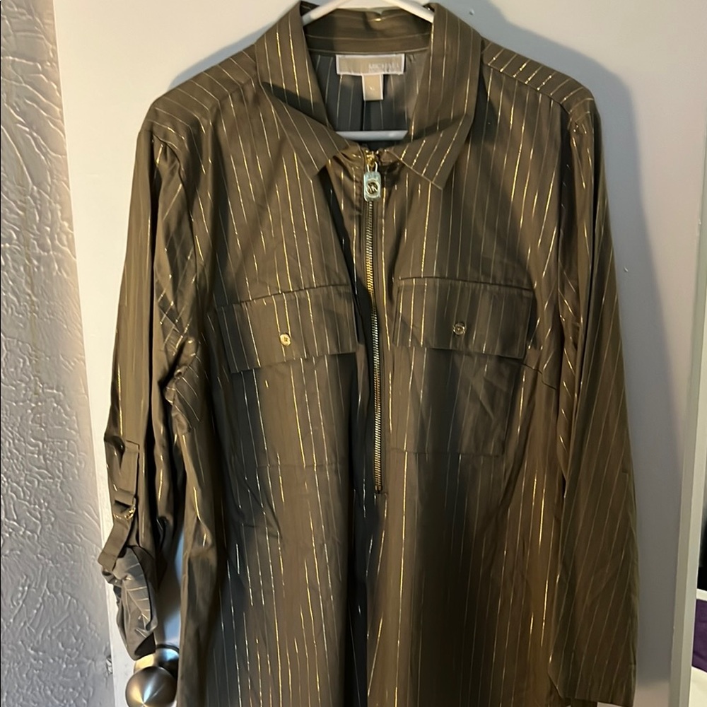 Striped Olive Green Jacket with Gold Accents
